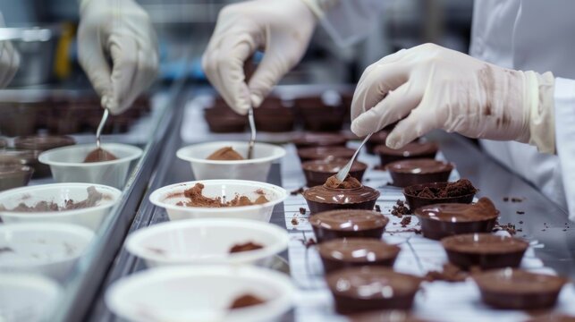 Workers conducting taste tests and quality control checks on chocolate samples in a laboratory setting , 