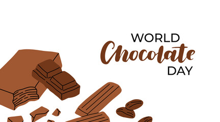 World Chocolate Day. Bar of chocolate, a broken piece of sweet dessert. Dark and milk chocolate dessert and candies. Cartoon vector banner
