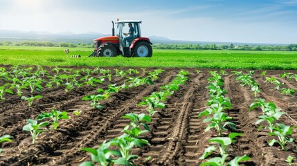 Fototapeta premium A red tractor drives through a field of young plants on a sunny day. The field is green and the sky is blue