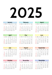 Calendar for 2025 isolated on a white background