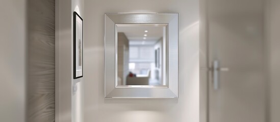 Fototapeta premium Elegant silver wall mirror in a minimalist hallway, sleek design, contemporary home decor, stylish reflection, chic interior, modern elements, bright space, sophisticated look.