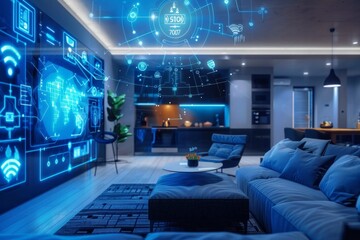 A modern smart home with various interconnected devices and a digital twin interface displaying their status and performance 