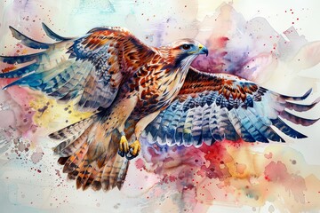 A watercolor painting of a hawk in flight with colorful background
