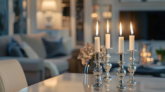 Elegant silver candlesticks on a minimalist dining table, sleek design, contemporary decor, stylish home, modern interior, cozy ambiance, chic elements, sophisticated look.