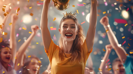 Young Woman in Athletic Wear Celebrating Victory with Trophy