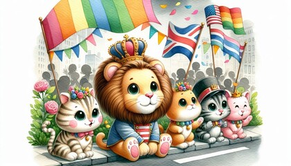 Obraz premium A Parade of Adorable Animals in a Watercolor Illustration - A lion, a tabby cat, a ginger cat, a tuxedo cat, and a pink cat wear crowns and celebrate a parade in a heartwarming watercolor illustration