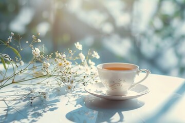 A luxurious porcelain crockery tea cup, perfect for traditional English tea and breakfast, served outdoors against a sunny morning landscape backdrop with blooming flowers.