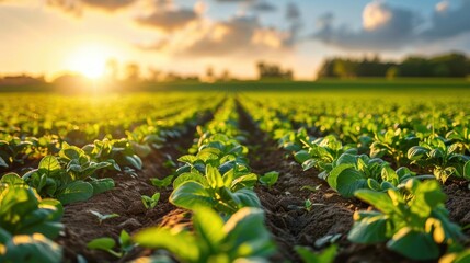 Green seedlings emerging in orderly rows in a sunlit field, illustrating the beginning of crop cultivation.
