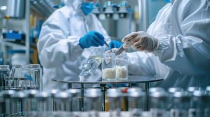 Workers mixing and blending pharmaceutical ingredients in sterile environments, ensuring precise formulation and dosage , 