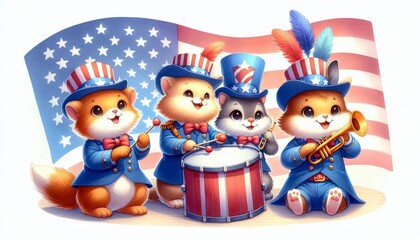 Obraz premium Patriotic Furry Band Playing for Independence Day - Four adorable furry creatures dressed in blue and red uniforms, adorned with stars and stripes, are playing instruments. They are standing in front 