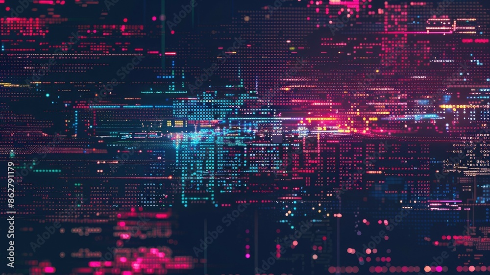 Poster vibrant, multicolored code on screen shows programming, technology, software development, digital in