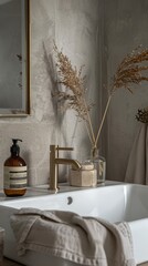 Serene bathroom with a blank canvas above the sink