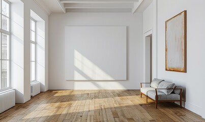 Bright living room with a blank canvas on the wall