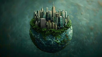 Earth globe with urban skyscrapers, representing the blend of environmental protection and urbanization