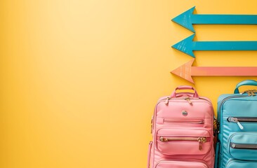 Pastelthemed travel guide with arrows and information icons, helping travelers with baggage find their way to various locations on their journey