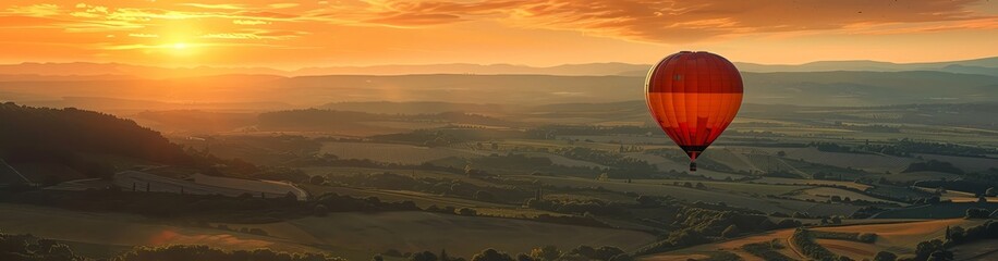 Obraz premium Stunning aerial view of a hot air balloon floating above a serene landscape, with a dramatic sky and golden sunlight enhancing the scene