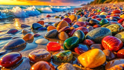 Picturesque Coastal Scene with Multicolored Stones and Sunset Sky