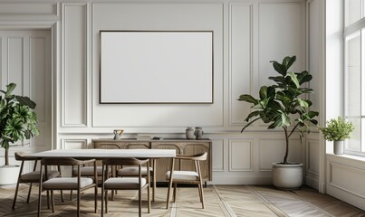 Fototapeta premium Elegant dining room with a blank canvas above the sideboard