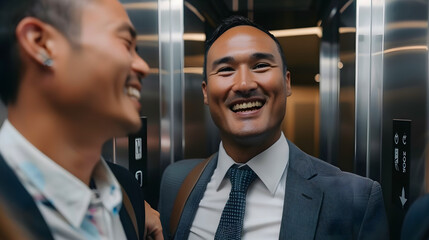 Diverse coworkers in elevator friends going to work office employees businessperson colleagues occupation happy cheerful motivated communication teamwork connections job success small talk culture