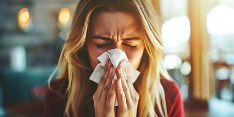 Woman with allergies sneezing and holding a tissue due to allergic rhinitis. Concept Allergies, Sneezing, Tissue, Allergic Rhinitis, Woman