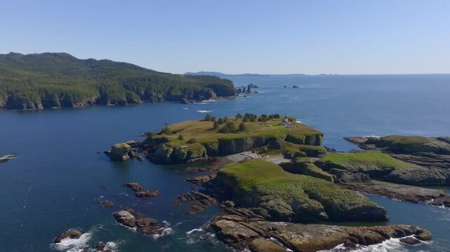 Aerial view of remote Cape Flattery coastline and Pacific Ocean, Washington, United States.