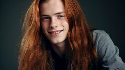 Portrait of a happy smiling red-haired, long haired confident teenage guy with perfect skin, silver...