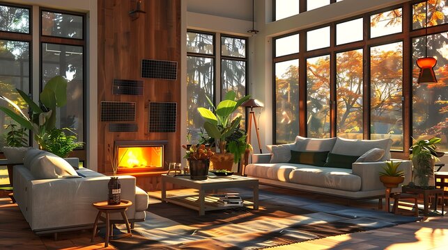 An eco-friendly living room with solar-powered smart windows, recycled furniture, and a bio-ethanol fireplace.