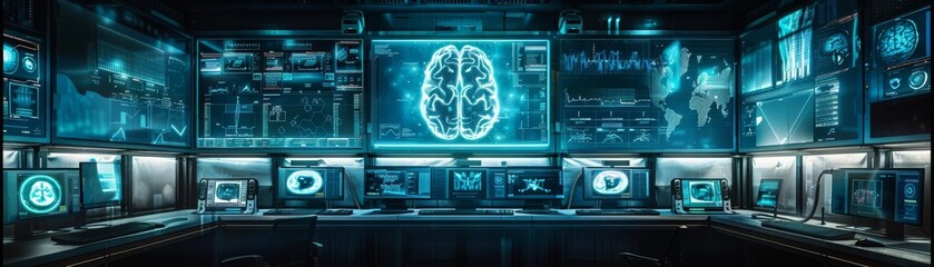 Digital image of a human brain scan displayed on monitors