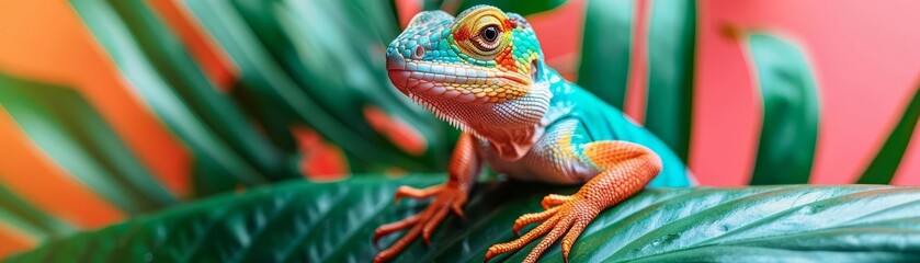 Fototapeta premium Cute HD Lizard on Vibrant Green and Red Background with Tropical Leaves, Copy Space,