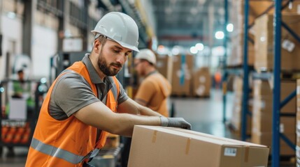 Workers loading finished cardboard boxes onto pallets for transportation and delivery to retailers and manufacturers 