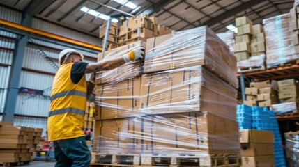 Workers loading finished cardboard boxes onto pallets for transportation and delivery to retailers and manufacturers 