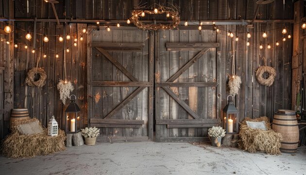 Rustic barn interior with wooden doors, hay bales, barrels, wreaths, lanterns, and string lights backdrop. Cozy, warm, and inviting ambiance.