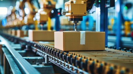 Obraz premium Close-up of cardboard packaging equipment in action, highlighting the technology and automation involved in the production of boxes ,