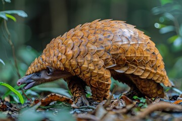 Fototapeta premium A pangolin walking across a forest floor, its body covered in hard, overlapping scales and its long tongue extended to catch ants