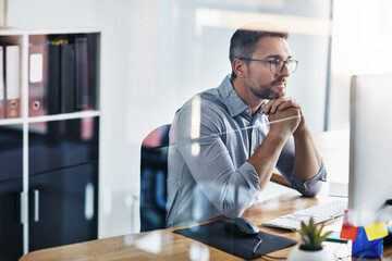 Business man, thinking and planning on computer for information technology or programming solution. Programmer or online developer reading on desktop for web problem solving, decision or reflection