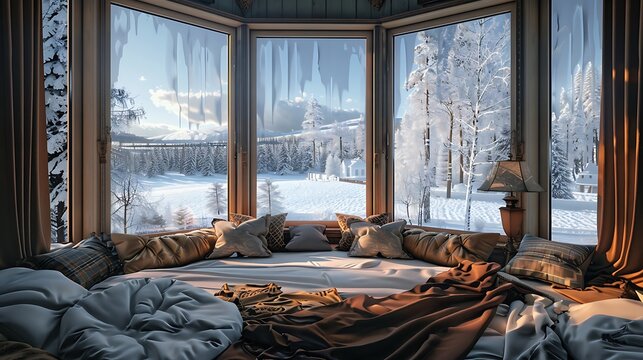 A bedroom with a large bay window seating area, plush cushions, and a view of a snowy landscape outside.