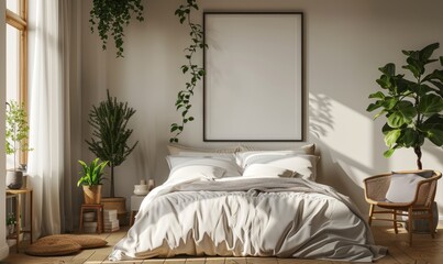 Bright bedroom with an empty frame on the wall