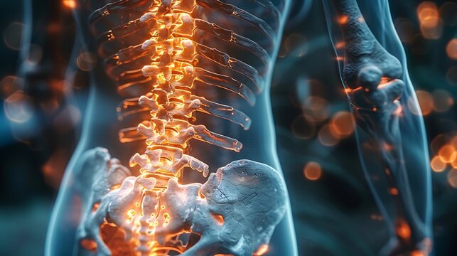 Spinal health visualization Person degenerative disc disease glowing spine highlighting wear and tear of spinal discs