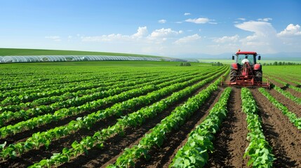 Obraz premium A red tractor cultivates rows of green crops in a field on a sunny day.