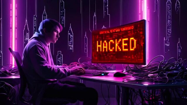 A person in a dark room is sitting at a computer with a red screen that says "hacked".