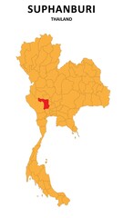 Fototapeta premium Suphanburi Map is highlighted on the Thailand map with detailed State and region outlines.