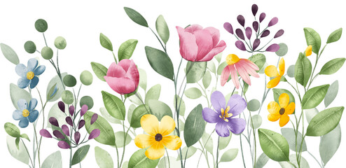 Obraz premium Floral&nbsp;border&nbsp;with watercolor flowers and leaves. Printable digital summer illustration.