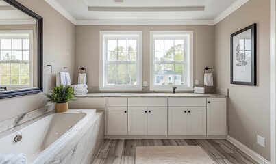 Serene bathroom with an empty frame above the vanity