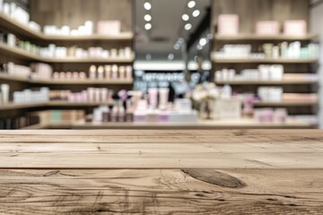 A wooden display table in the foreground with a blurred background of a cosmetic store. The background features shelves with makeup products, and skincare items