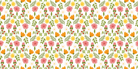 Surface design showcasing floral elements. Botanical-inspired repetitive fabric or wallpaper pattern with yellow and orange flowers, red berries, leaves, and cherry blossom.