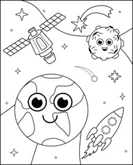 Coloring page. Earth, Moon, satellite, rocket. Black and white space. Vector