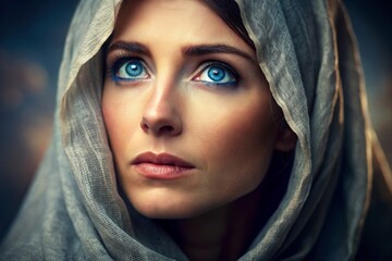 Fototapeta premium Biblical character, close up portrait of Biblical woman in scarf on the head looking up 