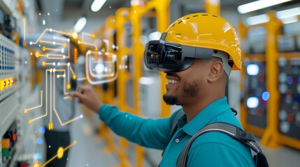 Electrical engineer using AR glasses to overlay circuit diagrams for troubleshooting and assembly