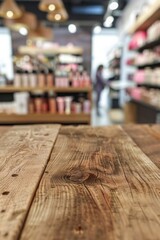 A wooden display table in the foreground with a blurred background of a cosmetic store. The background features shelves with makeup products, and skincare items