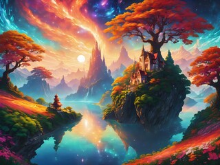 The sunrise is pink the vibrant colors of various types of flowers scattered throughout the landscape. where meandering rivers flowing with the eclectic essence of pure crystal reflect a radically mys